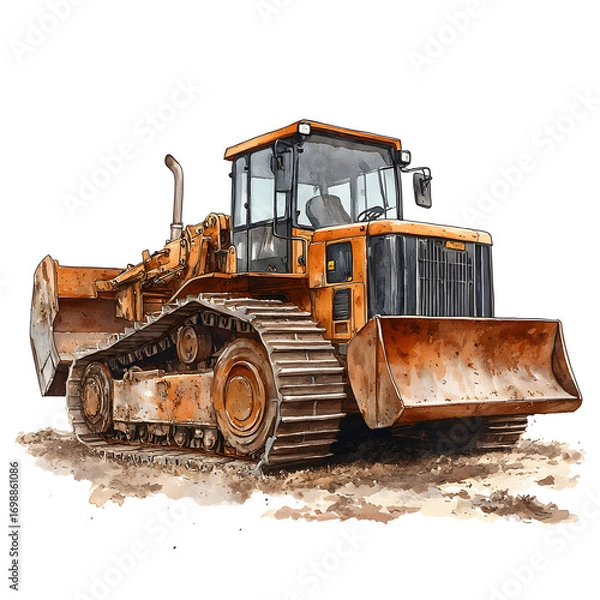 Fototapeta A powerful yellow bulldozer with a large blade and tracks sits on a dirt ground ready for heavy construction work