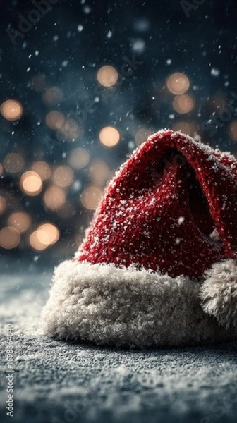 Fototapeta Warm holiday spirit captured in a snowy scene featuring a classic red Santa hat with soft white trim against a festive background