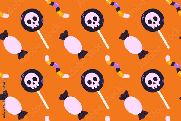 Fototapeta Seamless halloween candy pattern with lollipops and wrapped sweets