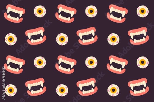 Fototapeta Seamless halloween pattern with vampire teeth and eyeballs