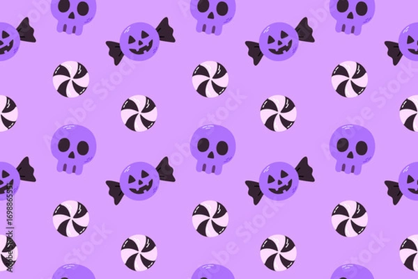 Fototapeta Seamless halloween candy pattern with skulls and sweets on purple background