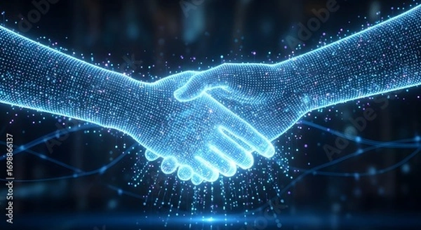 Obraz Digital handshake representing global business partnership and technology collaboration, suitable for illustrating innovation, agreements, and modern business solutions.