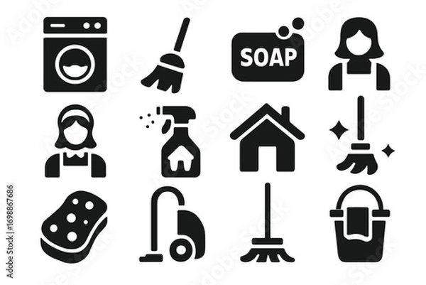 Obraz Icons depicting various cleaning activities and supplies in a household setting for efficient domestic chores