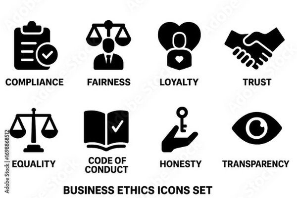 Obraz Business ethics icons representing compliance, fairness, loyalty, trust, and transparency for corporate values