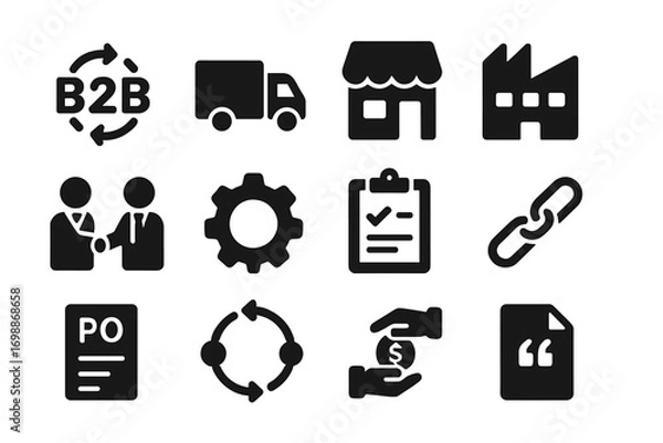 Obraz Business and commerce icons representing various aspects of operations, including delivery, partnerships, and documentation