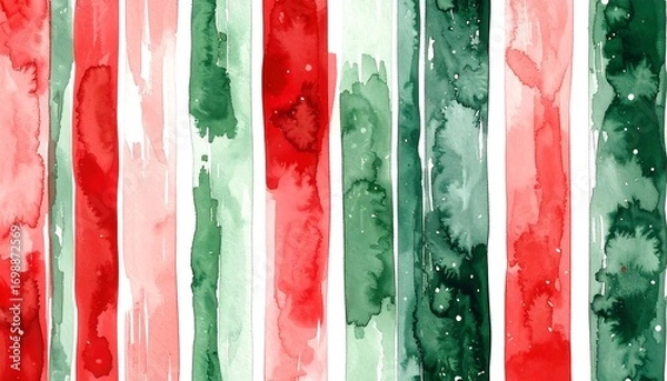 Obraz Vertical stripes of vibrant red, green, and blush pink watercolor paint create a festive and artistic design.