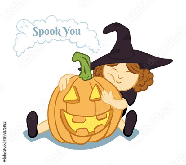 Fototapeta Character of a good, cheerful witch with a pumpkin