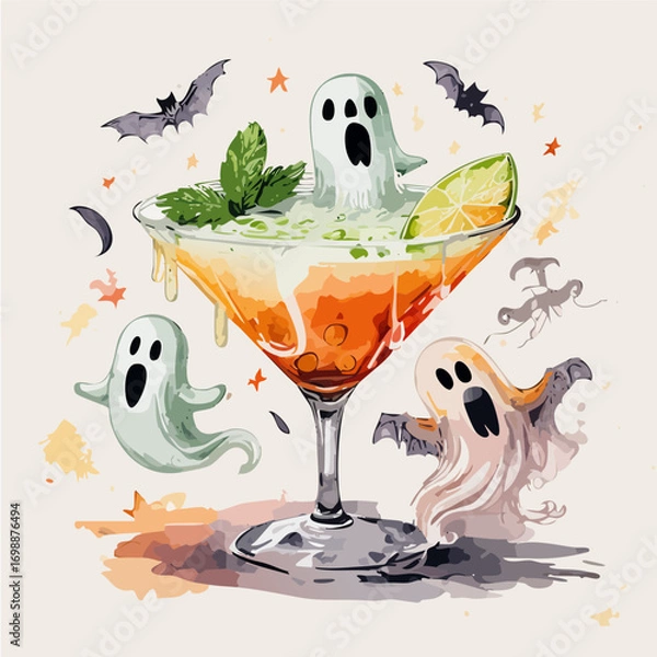 Fototapeta Ghostly Margarita Vector Cocktail Collection with Cute Spirits and Spooky Garnishes