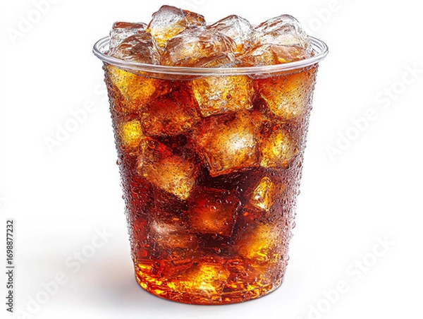 Fototapeta Clear cup filled with refreshing beverage and ice cubes, showcasing condensation on the surface, ideal for hot summer days and moments of thirst-quenching enjoyment