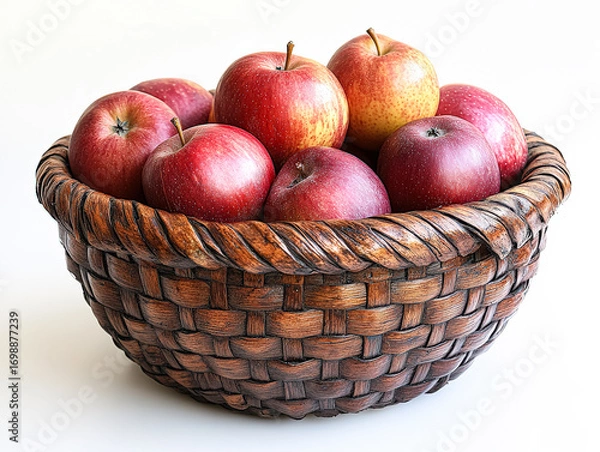 Fototapeta A woven wooden basket filled with fresh red and yellow apples, highlighting their vibrant colors and natural textures, creating an inviting display for healthy eating and lifestyle inspiration