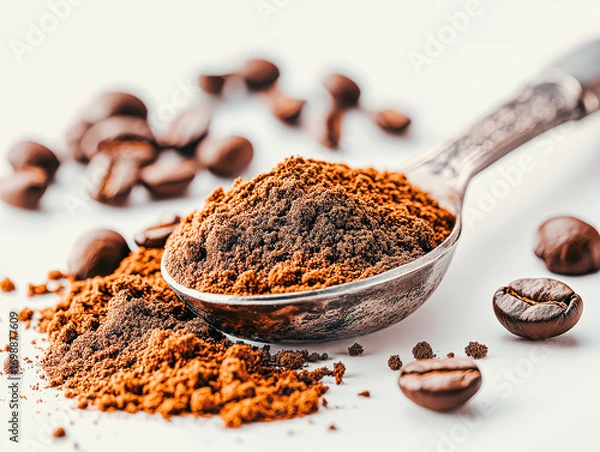 Fototapeta Close-up of ground coffee in an ornate spoon, surrounded by whole coffee beans, highlighting the rich textures and inviting aroma, perfect for culinary enthusiasts and coffee lovers