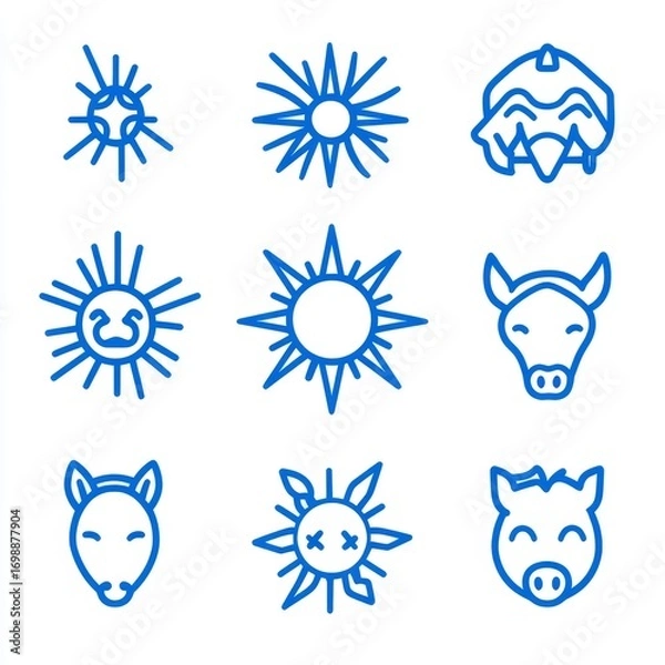 Obraz Modern illustration featuring a falling star, sun, pig zodiac symbol, and horse icon, all set in a line
