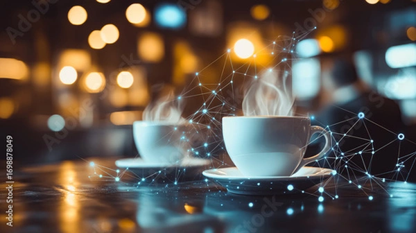 Fototapeta Two white coffee cups with steam rising, placed on a wooden table, surrounded by a warm, blurred cafe ambiance, illustrating a blend of comfort and digital connectivity
