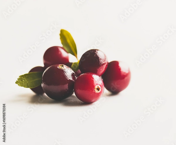 Fototapeta A cluster of fresh red cranberries with green leaves is arranged artistically on a light background, highlighting their vibrant color and natural beauty, perfect for culinary presentations