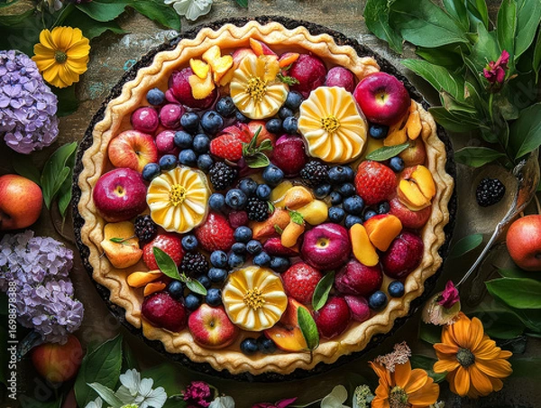 Fototapeta A vibrant fruit tart featuring an assortment of fresh berries, apples, and edible flowers, artfully arranged on a rustic wooden table surrounded by lush greenery and colorful blooms