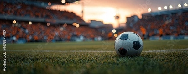 Fototapeta Soccer ball on a field, stadium in the background at sunset