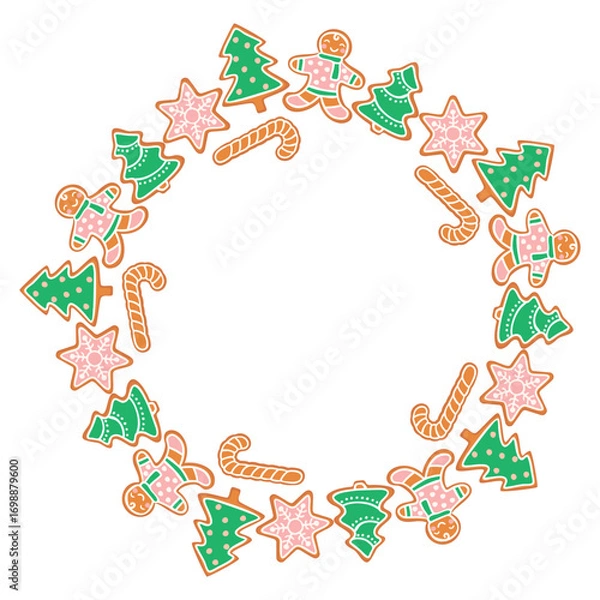 Fototapeta Christmas frame with gingerbread man, santa's crutch, snowflakes, fir trees. Cartoon round shape border with sweet cookies. Festive background in green, pink, brown colrs on white. Vector design.