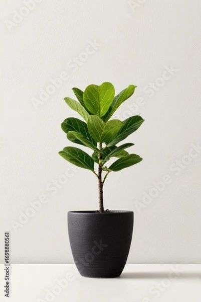 Fototapeta A small, healthy fiddle leaf fig plant in a dark gray/black pot against a plain white background