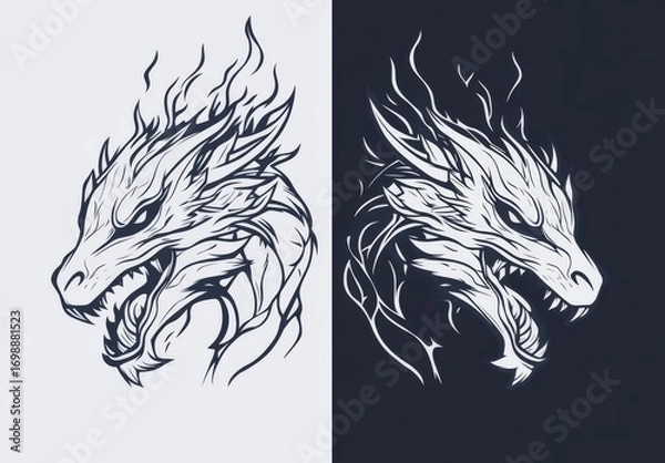 Obraz A contemporary collection of outline and black silhouette cliparts featuring a roaring dragon, detached from its background, in a fantasy monochrome illustration