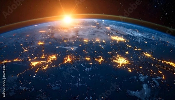Obraz A breathtaking view of Earth from space, showcasing the vibrant glow of city lights against the backdrop of a sunrise.