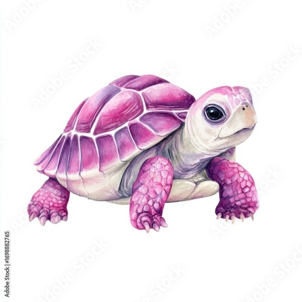 Fototapeta Cute painting featuring a pink and purple baby turtle on a simple white background showcasing a cheerful and whimsical design
