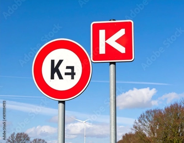 Fototapeta Two red and white road signs against a clear blue sky.  One round, one square.  Both feature a capital 'K' and a number