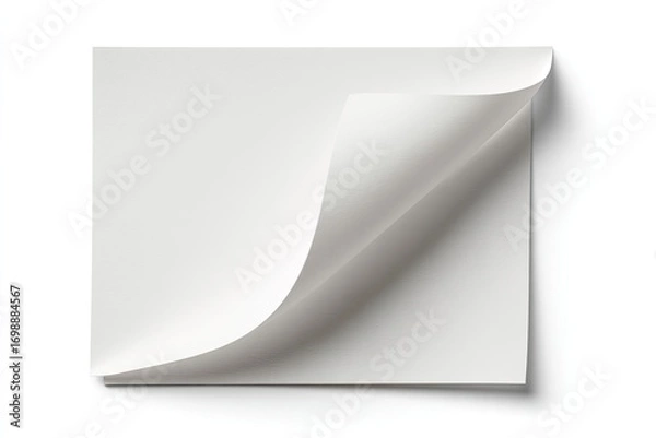 Fototapeta Blank sheet of paper with a single corner bent.  A rectangular piece of off-white paper is laid flat. One corner is bent outward, creating a gentle curve.  Clean, simple, and neutral