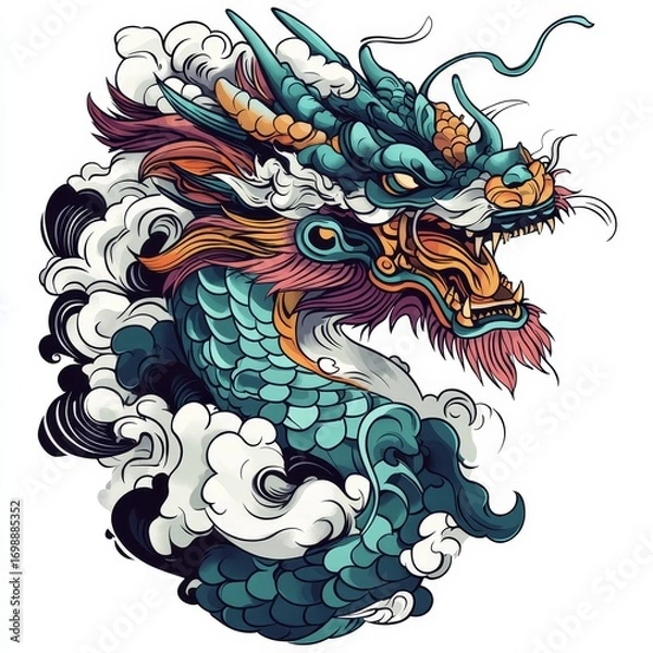 Obraz A contemporary depiction of a dragon is presented in a circular shape set against a white backdrop