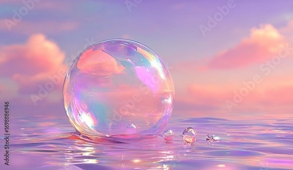 Fototapeta Large iridescent bubble floats on a pastel pink and purple water surface,  with soft clouds in a sunset sky