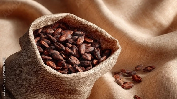 Fototapeta Burlap sack filled with roasted cocoa beans on warm folded fabric for artisanal chocolate and coffee ingredient branding.

