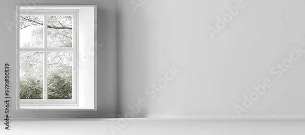 Fototapeta Empty room with a window, light gray walls and floor.  Winter scene outside
