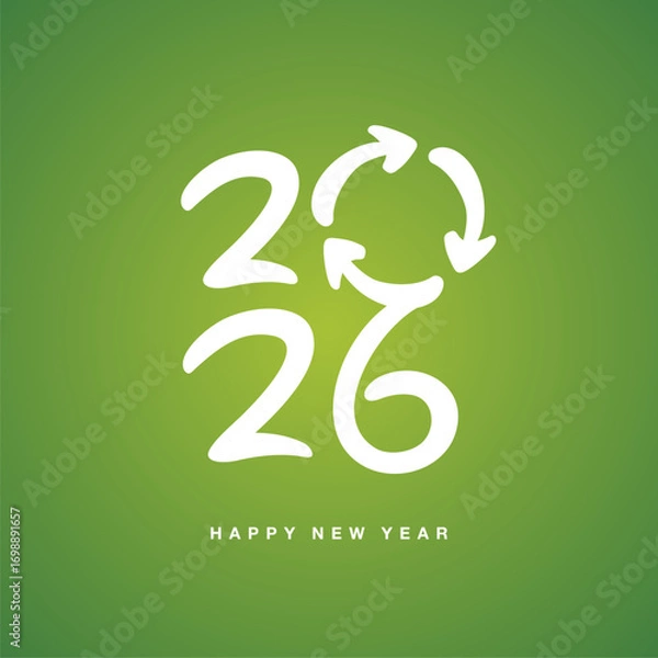 Fototapeta Happy New Year 2026. Handwritten white arrows shape recycling sign on green background. Shapes green clean eco environment for 2026. New Year square composition greeting card