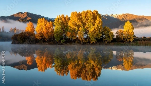 Fototapeta Autumnal lake scene with mirrored trees