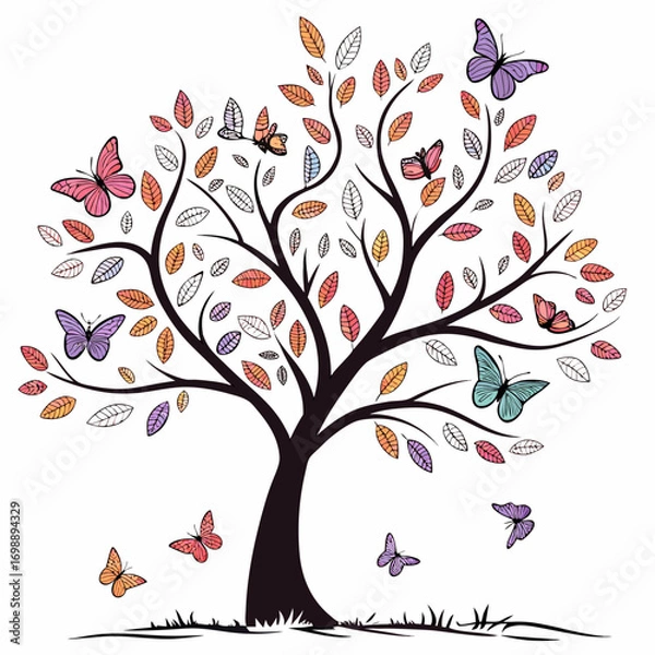 Fototapeta autumn tree with butterflies