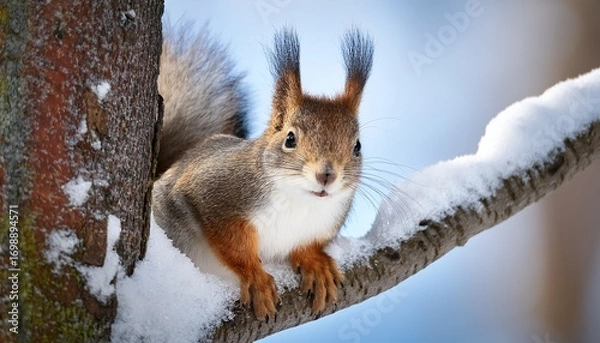 Obraz charming humorous bushy tailed squirrel on a tree branch amidst winter snow