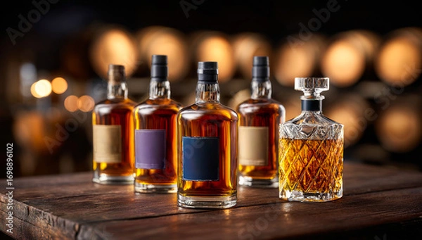 Fototapeta Bottles and decanter on wood. Five bottles and a cut glass decanter containing amber liquid stand on a wooden table.