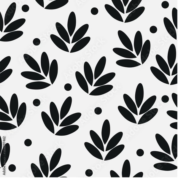 Fototapeta Nahtloses Schwarz-Weiß-Muster mit stilisierten Blättern. Minimalistisches, elegantes Design, ideal für Stoffe, Tapeten, Verpackungen, digitale Hintergründe oder Scrapbooking. Naturnah und modern zugle