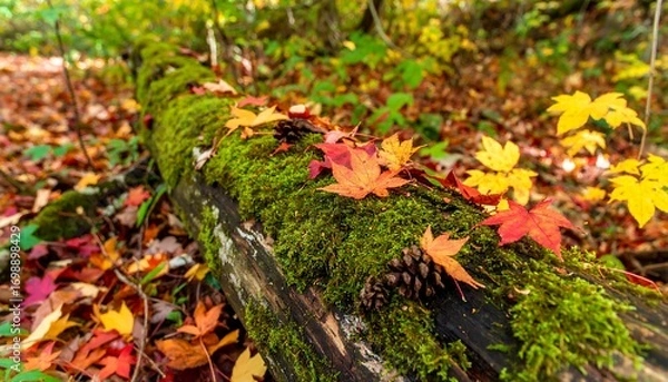 Fototapeta Autumnal log covered in moss and colorful leaves