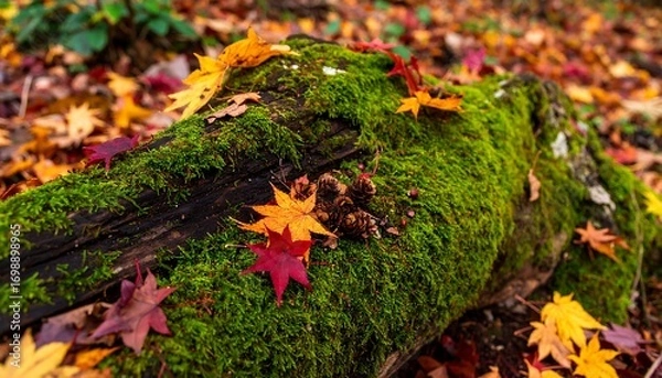 Fototapeta Autumnal log covered in moss and fallen leaves