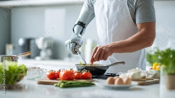 Fototapeta Man with bionic arm cooking in a bright kitchen, representing independence, modern prosthetics, and adaptive living