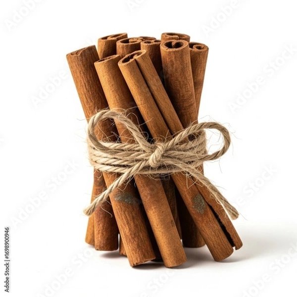 Fototapeta Cinnamon Sticks Bundle Tied with Twine on White Background