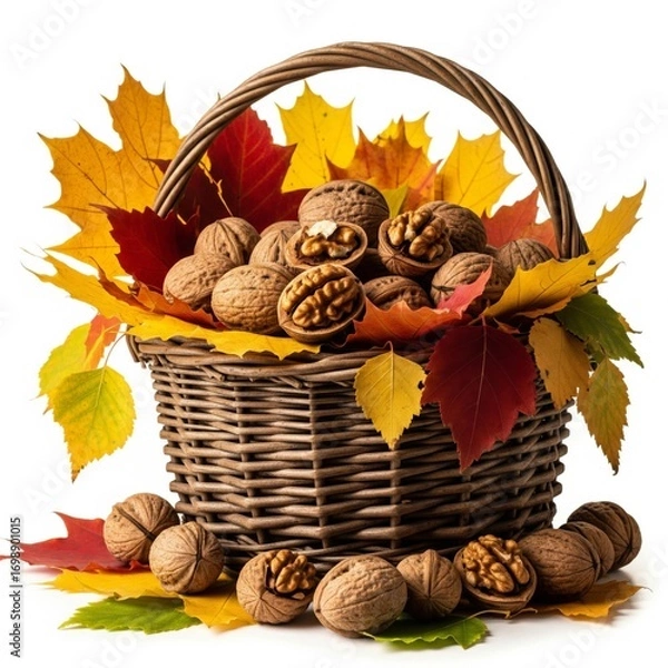Fototapeta Wicker Basket Filled with Walnuts and Fall Colored Maple Leaves Isolated