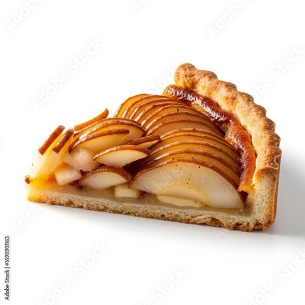 Fototapeta Slice of Pear Tart with Golden Crust on a White Background