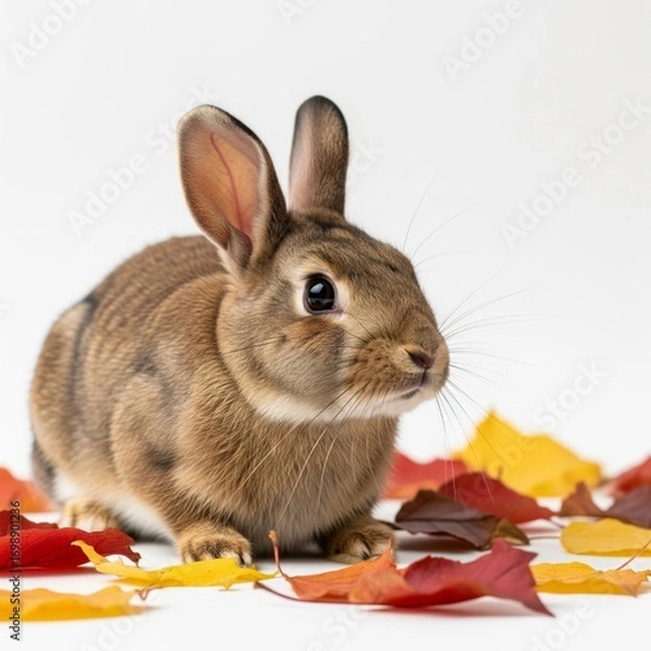 Fototapeta Brown Rabbit Surrounded by Colorful Autumn Leaves on a White Background