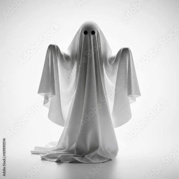 Fototapeta Pixelated White Ghost Figure with Raised Arms on a Plain White Background Halloween Concept
