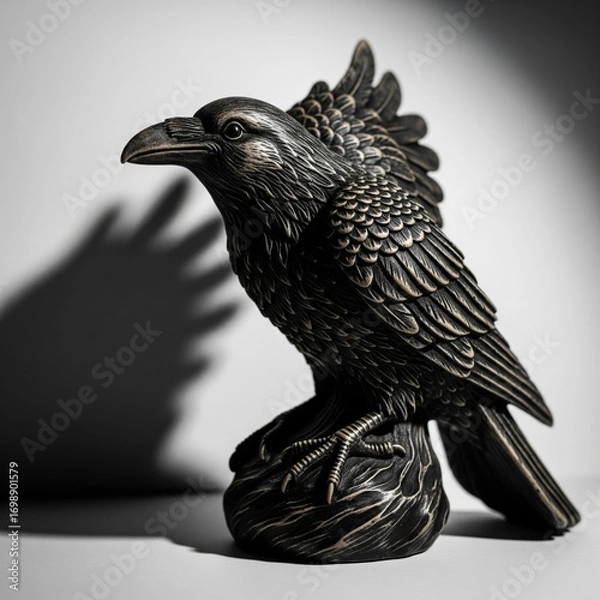 Fototapeta Detailed Raven Sculpture on Gray Background with Dramatic Lighting Casting Shadow