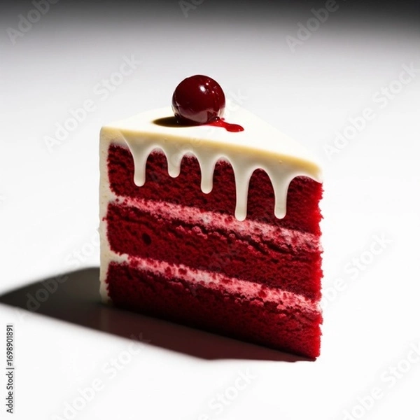 Fototapeta Red Velvet Cake Slice with White Frosting and Cherry Against White Backdrop