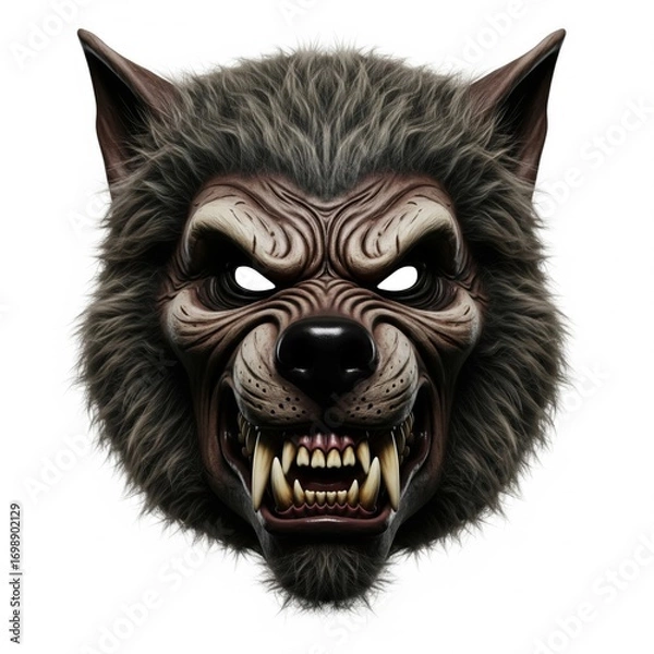 Fototapeta Menacing Werewolf Mask with Sharp Teeth and Gray Fur on White Background