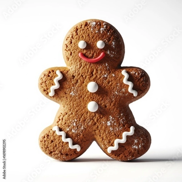 Fototapeta Gingerbread Man Cookie with Red Lips and White Buttons on White Background