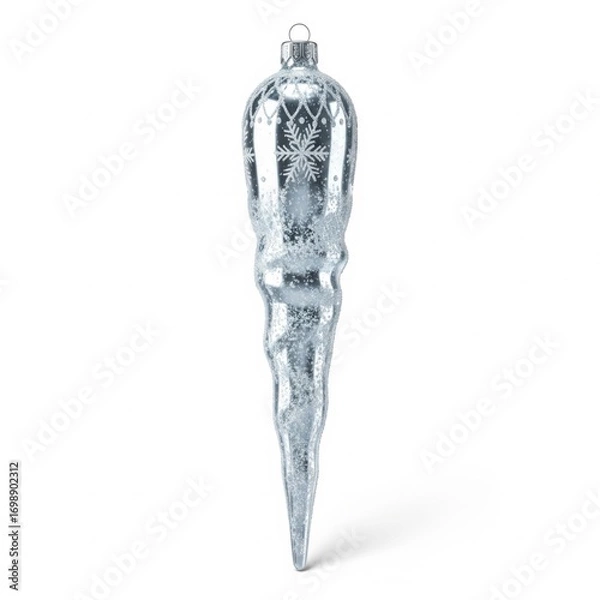 Fototapeta Shimmering Icicle Christmas Ornament with Delicate Snowflake Pattern Against White Backdrop
